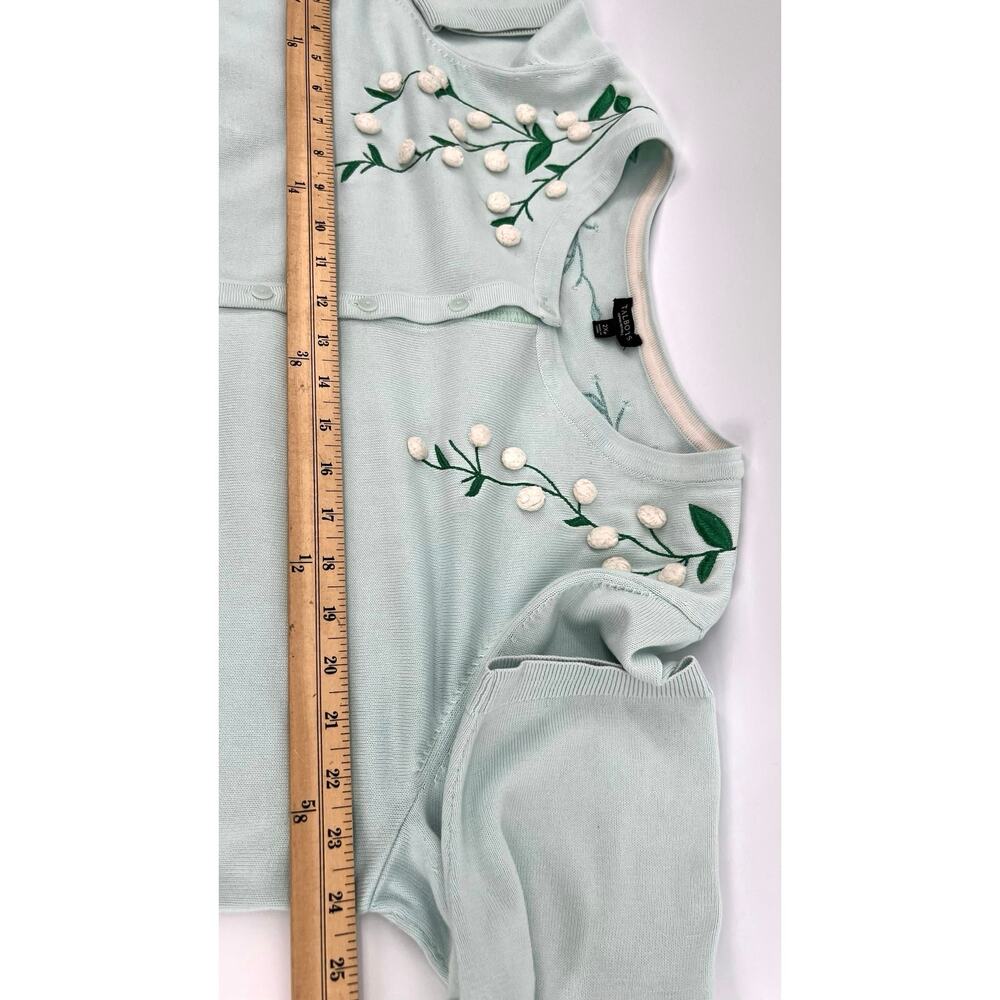 Talbots Floral Embroidered Cardigan Sweater Size 2Xp Mint Green Pom Pom Detail - Picture 7 of 12